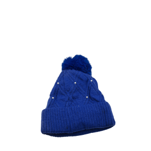 Σκουφί Γυναικείο Μάλλινο Με Πέρλες Και Φούντα Σε Μπλέ