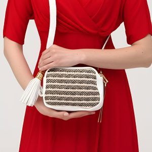 Τσάντα Γυναικεία Ώμου Ψάθινη απο Τεχνόδερμα σε Λευκό