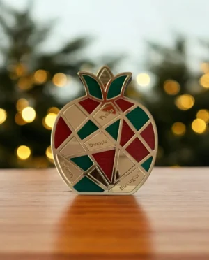 Γούρι Ξύλινο Ρόδι Μωσαϊκό Ευχές Μεσαίο Χρυσό Κόκκινο Πράσινο